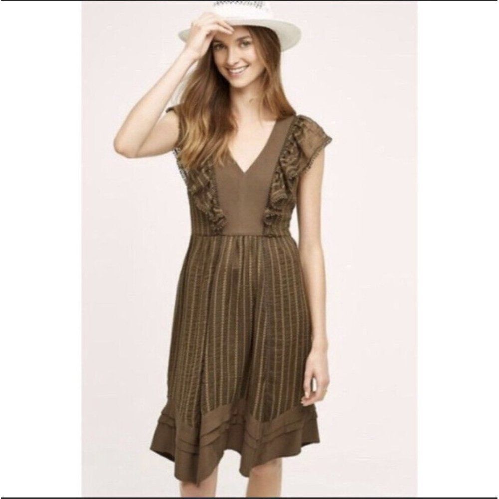 NWT Anthropologie Holding Horses olive green flutter sleeve eyelet dress S